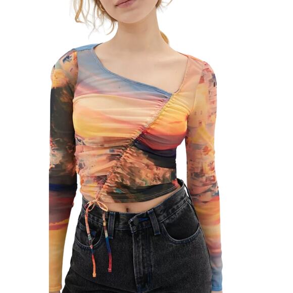 Urban Outfitters Shona Cinched Mesh Top Long Sleeve Multicolor Size Small - Picture 1 of 7